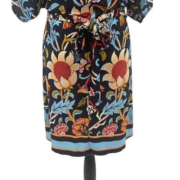 BCBGMAXAZRIA Woodblock Navy Folk Art Floral Dress Tie Waist Peplum Sheath Dress - Picture 8 of 9